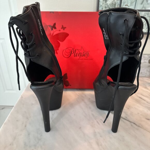 Pleaser Heels, Aspire-1018, womens shoes, flat black, faux leather, back laced, - Picture 5 of 6